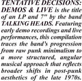 Talking Heads - Tentative Decisions: Demos & Live (RSD Clear)